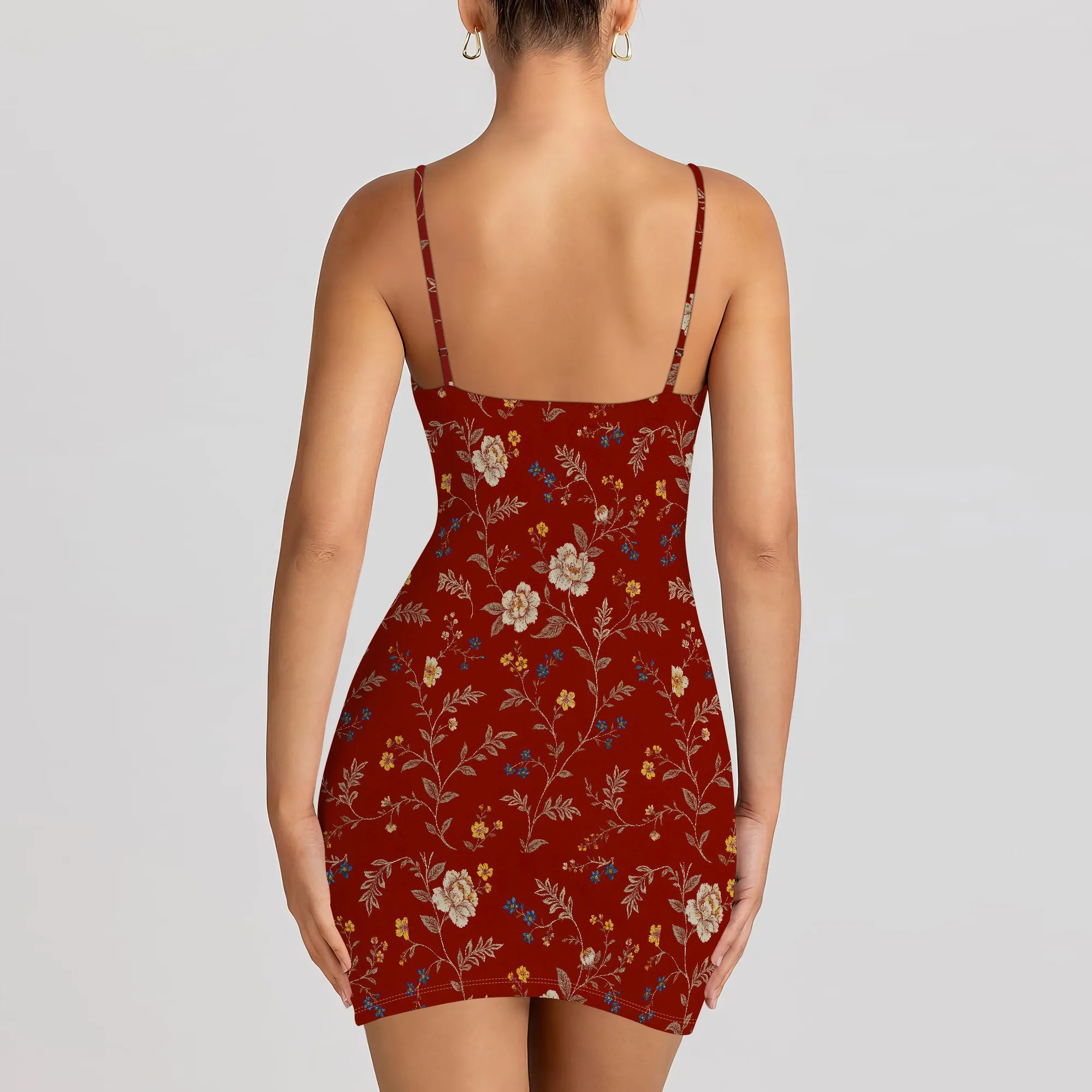 ผู้หญิง Ditsy ดอกไม้ Ruched Cami ชุดมินิเอวสูงสปาเก็ตตี้ชุดดินสอ