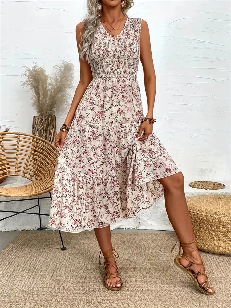 Women's Floral Smocking Ruffled Slim Sleeveless Long Dress Spring and Summer Women's Design Long Cake Dress Dress