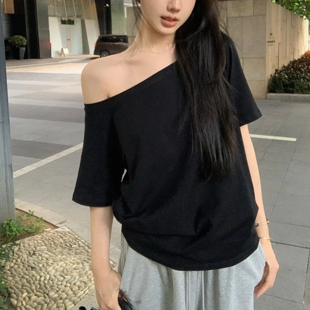 女性用サマーカジュアルシャツ、オフショルダースタイル、半袖、ストレッチ素材、日常着に最適