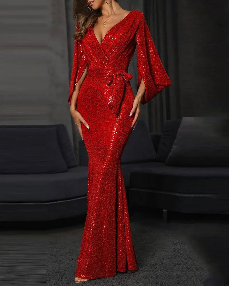 

Women 2024 new Mermaid Trumpet Red Sexy dress Sequin Prom Evening Dresses With Long Sleeves Custom made holiday long dress