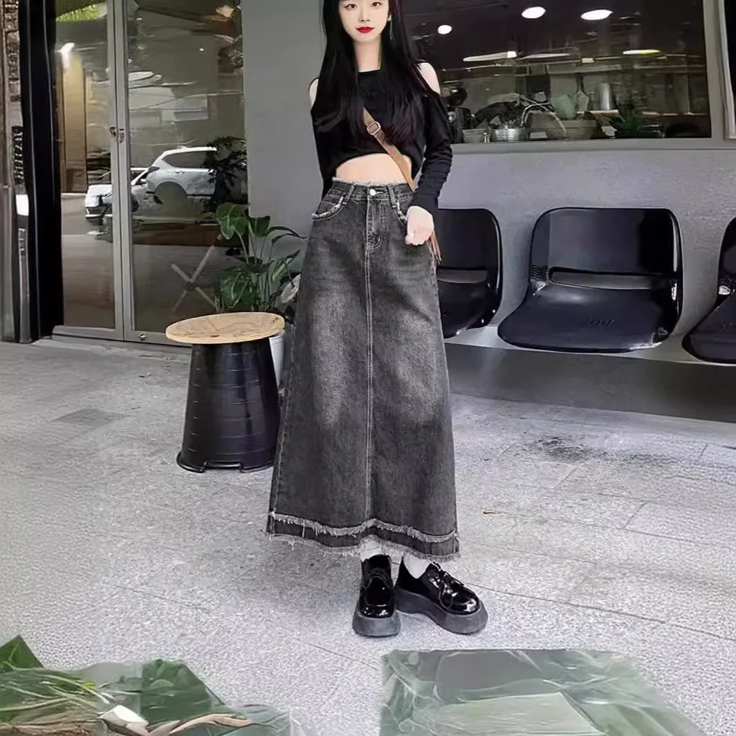 Spring and Summer New Fashionable Retro Denim Half Body Long Dress. Ladies' Casual Spliced Fringed Straight Leg A-line Skirt