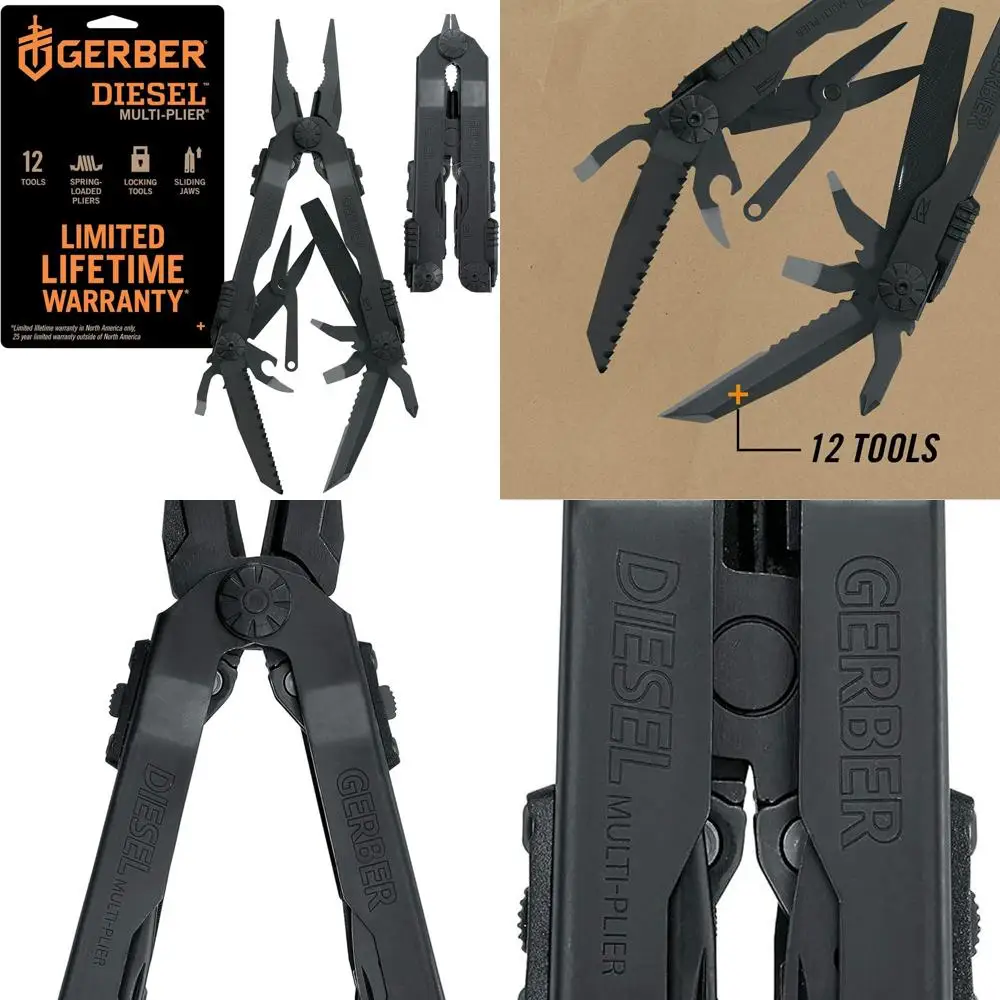 

Gear Diesel Multitool Needle Nose Pliers Set, 12-in-1 EDC Multi-Tool Knife, Survival Gear and Equipment, Black