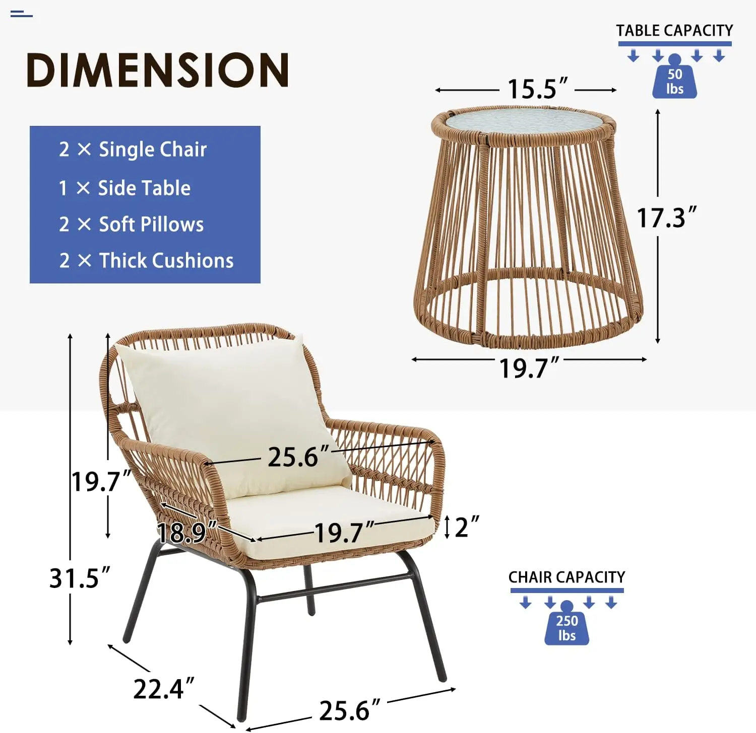 3Piece Patio Conversation Bistro Set Outdoor All-Weather Wicker Furniture with Tempered Glass Top Table&Wide Ergonomic Armchairs