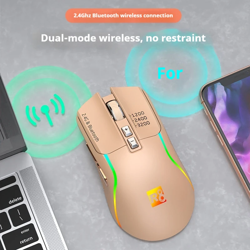 New R8 Brand Wireless Mouse Bluetooth Dual-Mode Mechanical Office Game Universal Colorful Light Bass Button Life Worry-Free