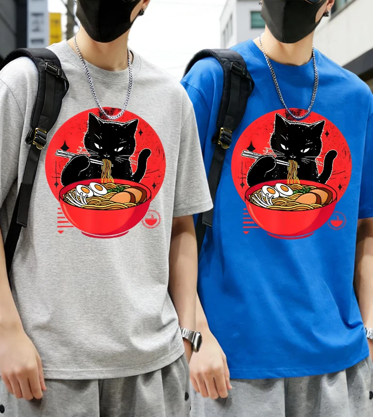 

Мужские летние хлопковые удобные комплекты футболок с принтом «Кот Ламиан Нудлс», базовые универсальные свободные молодежные топы с коротким рукавом