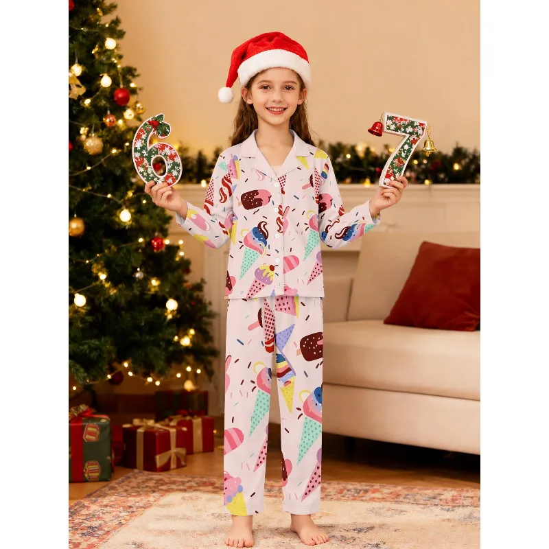 Girls Lapel Pajama Set Long Sleeve Nightwear, Assorted Ice Cream Dachshund Gnome Number Dog Prints, Perfect Birthday Xmas Gift