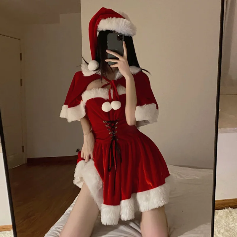 Autumn Winter Cute Christmas Red Shawl Dress Women Sweet Plush Patchwork Drawstring Party Mini Dress Female Kawaii Cloak Vestido