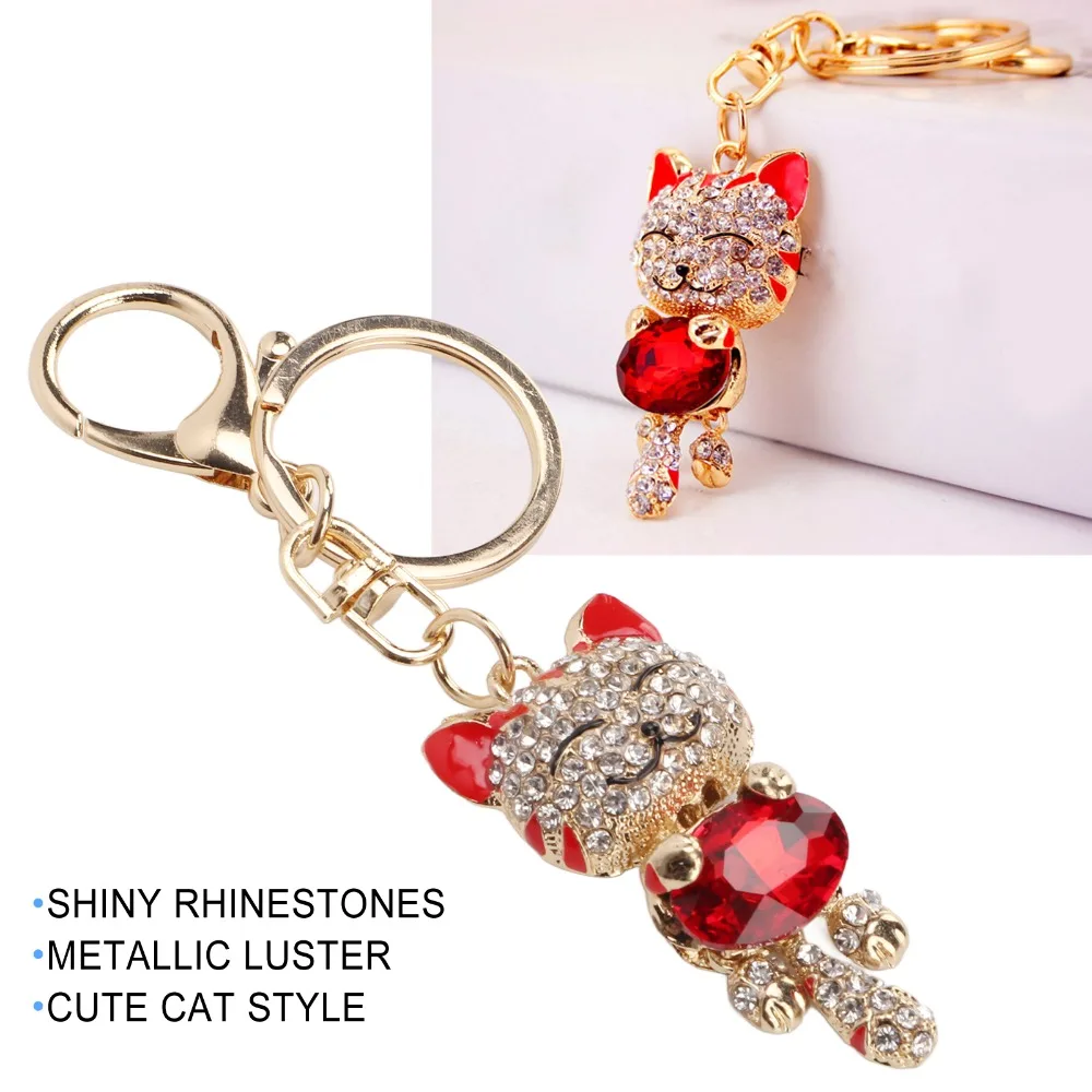1pcs Funny Zinc Alloy Cat Keychain Metallic Luster Rhinestone Crystal Cat Bag Charm Cat Pendant For Backpacks