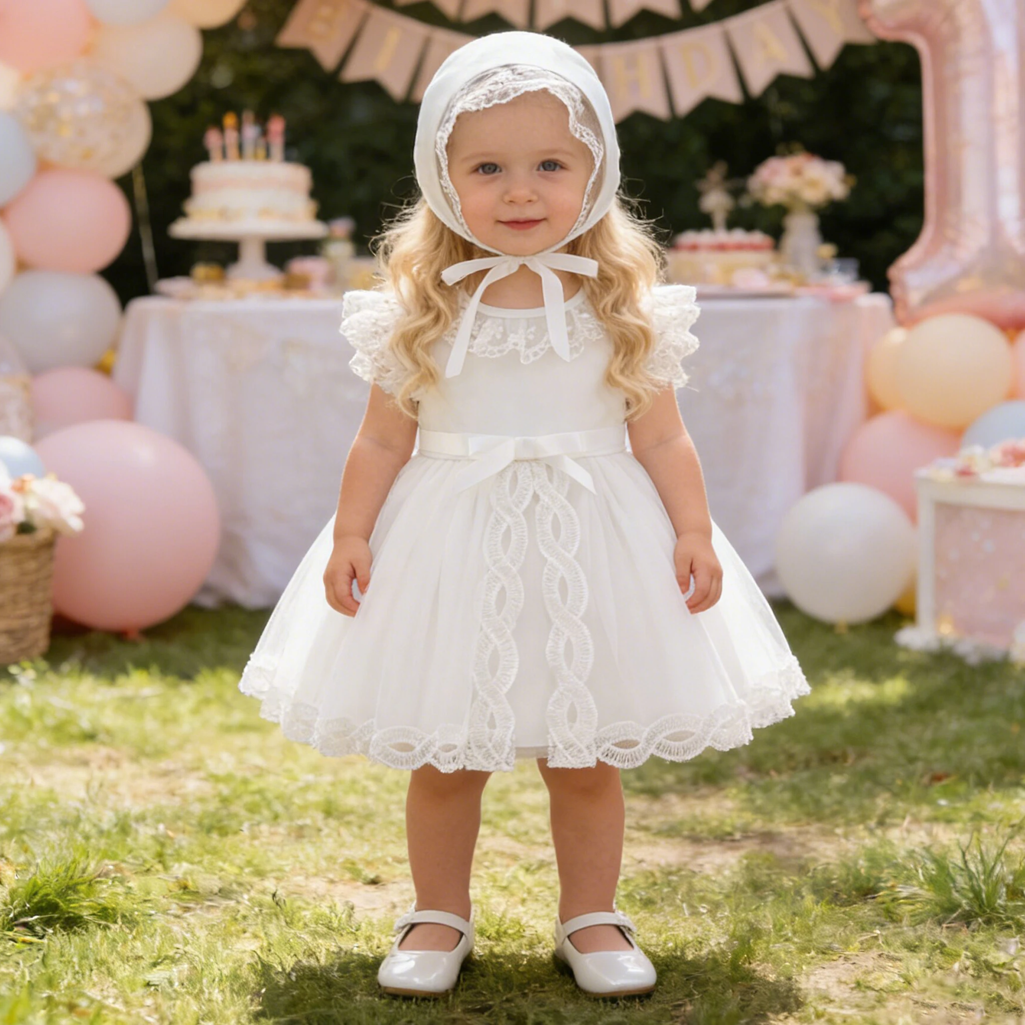 

Модное платье для крещения для маленьких девочек с головными уборами, элегантные платья принцессы на первый день рождения, свадьбу, костюмы подружек невесты с цветами для девочек