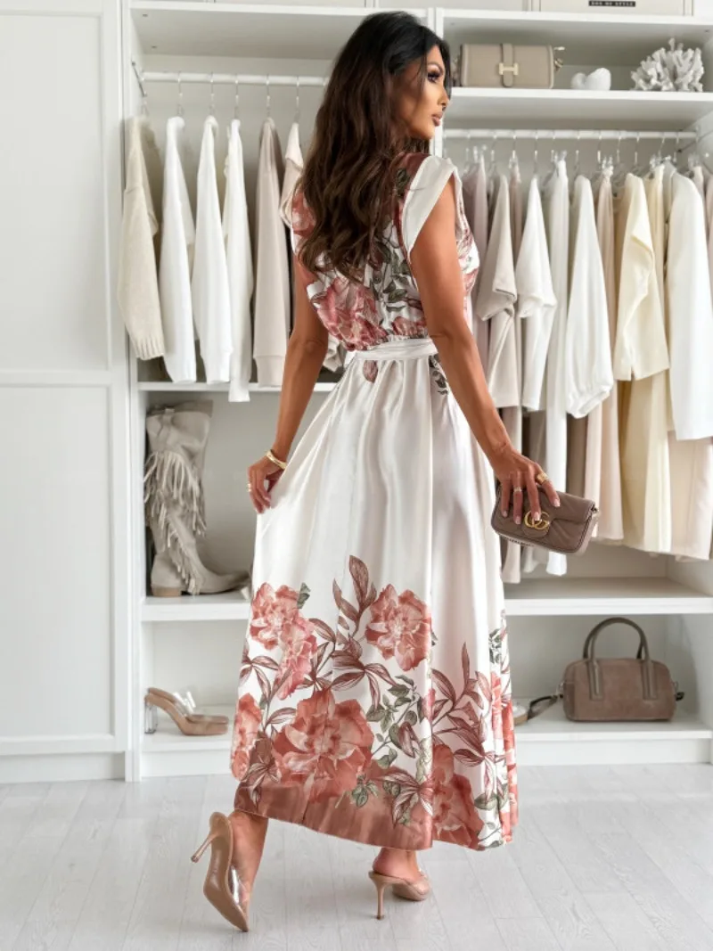 Abito lungo stampato floreale stile corte retrò Abito alla caviglia con cintura in vita Abito senza maniche in raso con scollo a V per banchetti da donna