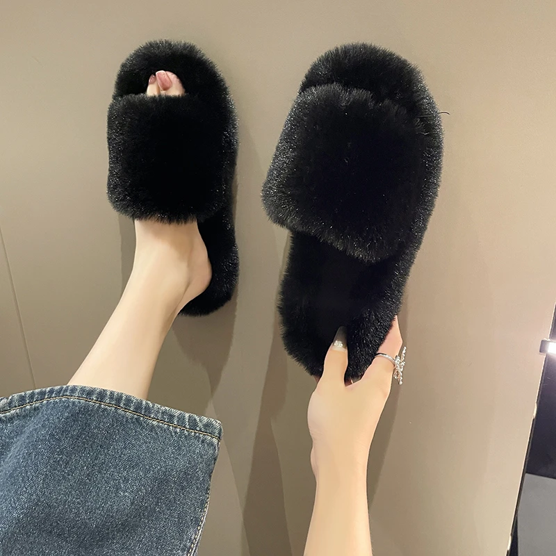 Fashion One Word Thick Fur Slippers Double Fur Slippers Casual Home Cotton Shoes for Women Flat Plush Cross Straps Slippers2024