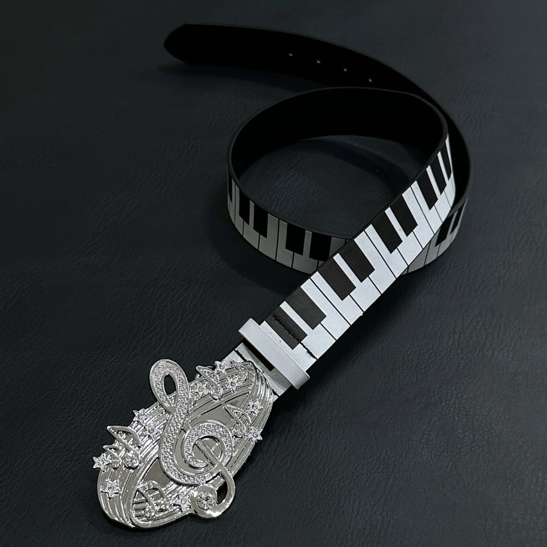 Music Theme Faux‑Leather Waist Belt Piano‑Key Printed Strap Rhinestone Treble Clef Metal statement Buckle Adjustable For Jeans