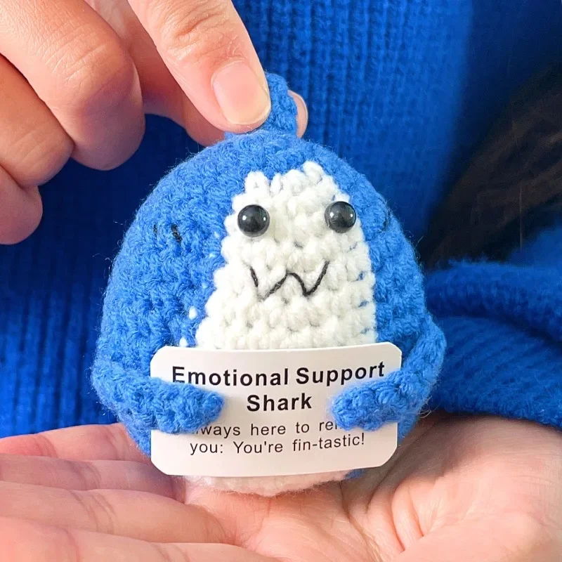 New Positive Energy Shark Hug Pocket Mini Handmade Knitting Doll with Card Funny Creative Birthday Gift Home Room Decoration