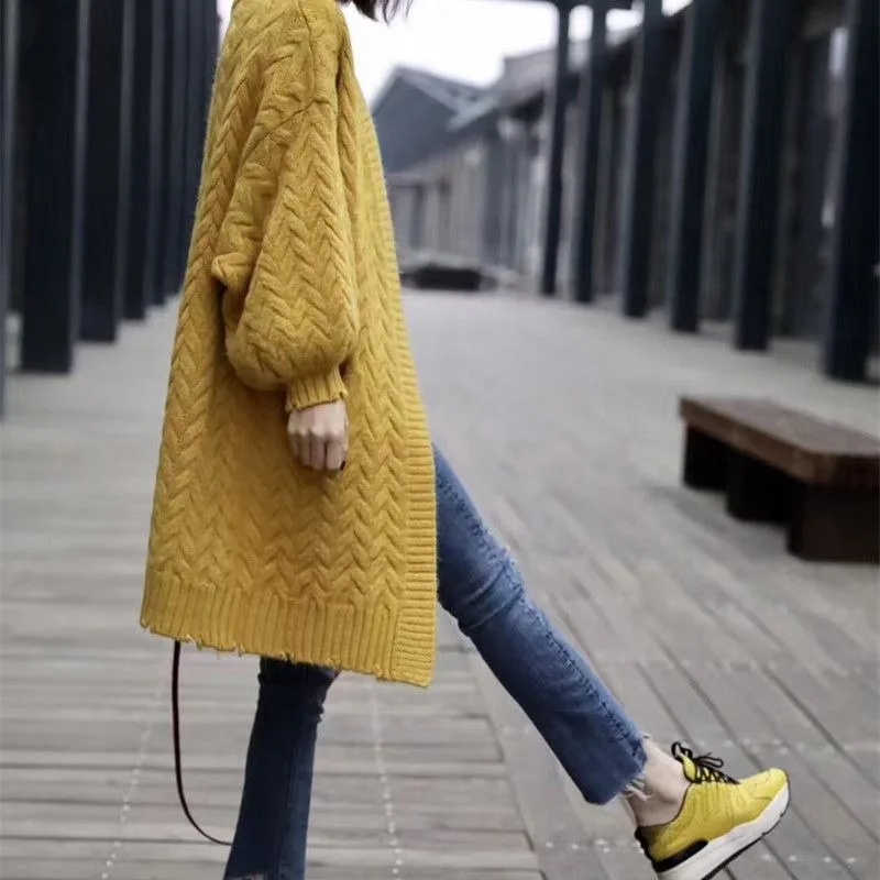 Cardigan Sweater 2023 Knitted Cardigan Coat Women Medium long Korean Coarse Sweater Loose Fried Dough Twists Lazy Sweater Female