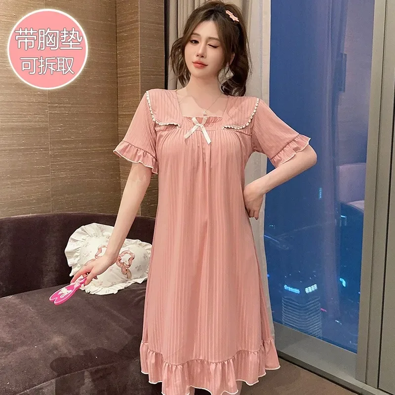 150KG 6XL Oversized Nighegown with Chest Pads Women Korean Sweet Pajamas Summer Short Sleeve Midi Sleep Dress Loose Outer Wear