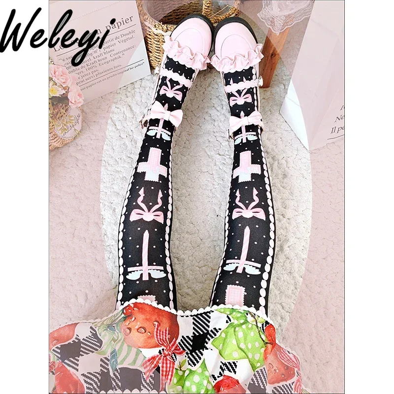 Autumn Sweet Lolita Stockings Women's Thigh High Tube Socks Jirai Kei Style Japanese Girl Rojita Velvet Printed Knee Socks Woman