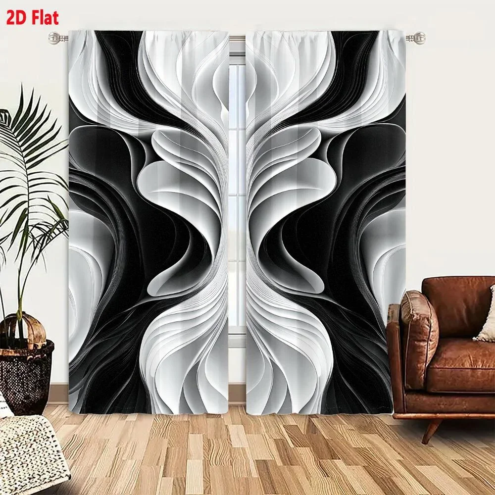 Modern Abstract Wave Pattern Curtains Black White Living Room Home Decor Sheer Light Filtering Window Drapes
