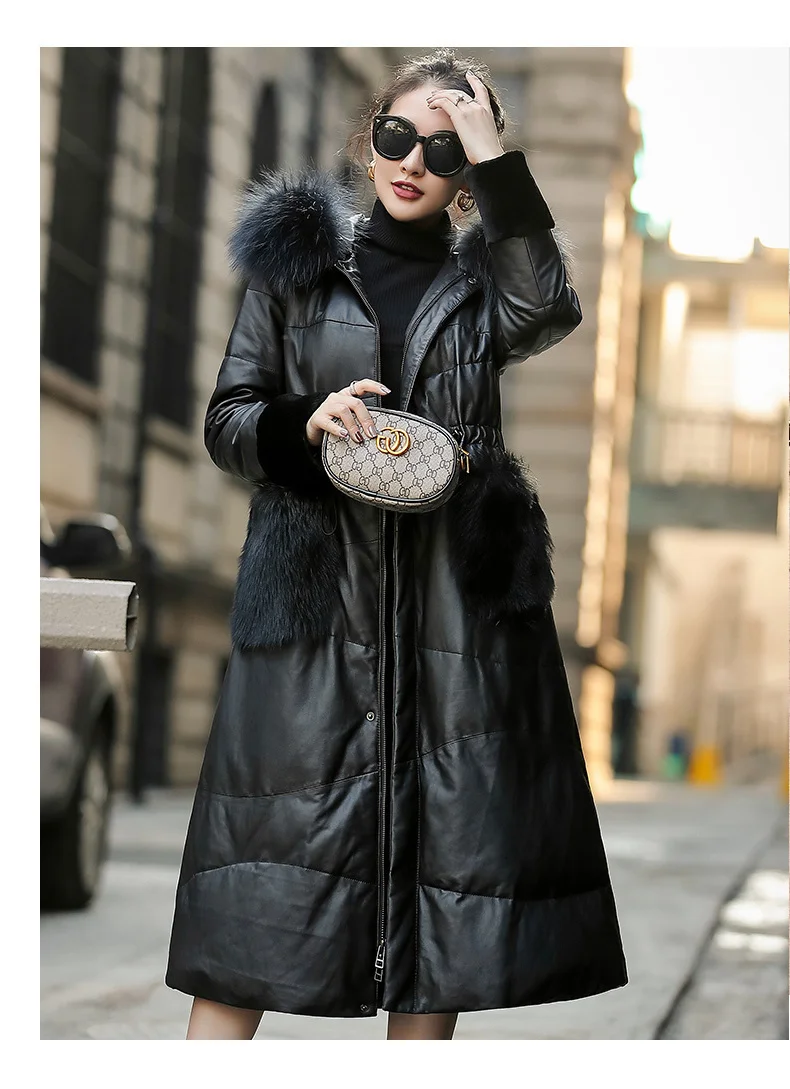 

2023 New Women's Leather Jacket Real Sheepskin Coat Female Hooded Winter Down Jackets Raccoon Dog Fur Collar Mujer Cha