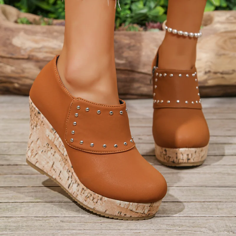 

Women Studded Wedges Ankle Boots Slip-On Side Zipper Shoes for Woman High Heel Pumps Talons Femme Pumps Platform Wedges Sneakers
