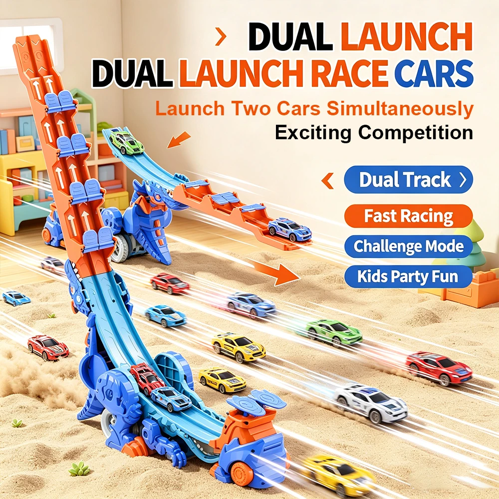 Large Transformable Dinosaur Racing Track Playset, Adjustable Steep Slope Sky Launch Stunt Car Toy, Portable Foldable Dino Race Track Set, Educational Interactive Kids Toy Gift, Christmas, Halloween, New Year Gifts