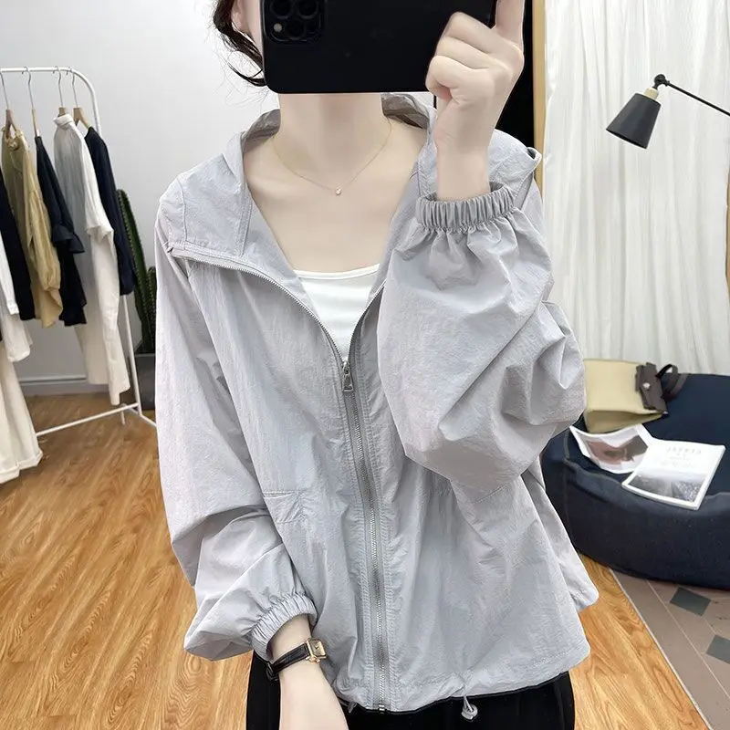 Summer New Thin Hooded Loose Cardigan Long Sleeve Solid Color All-match Youth Casual Tops Tees Fashion Vintage Women Clothing