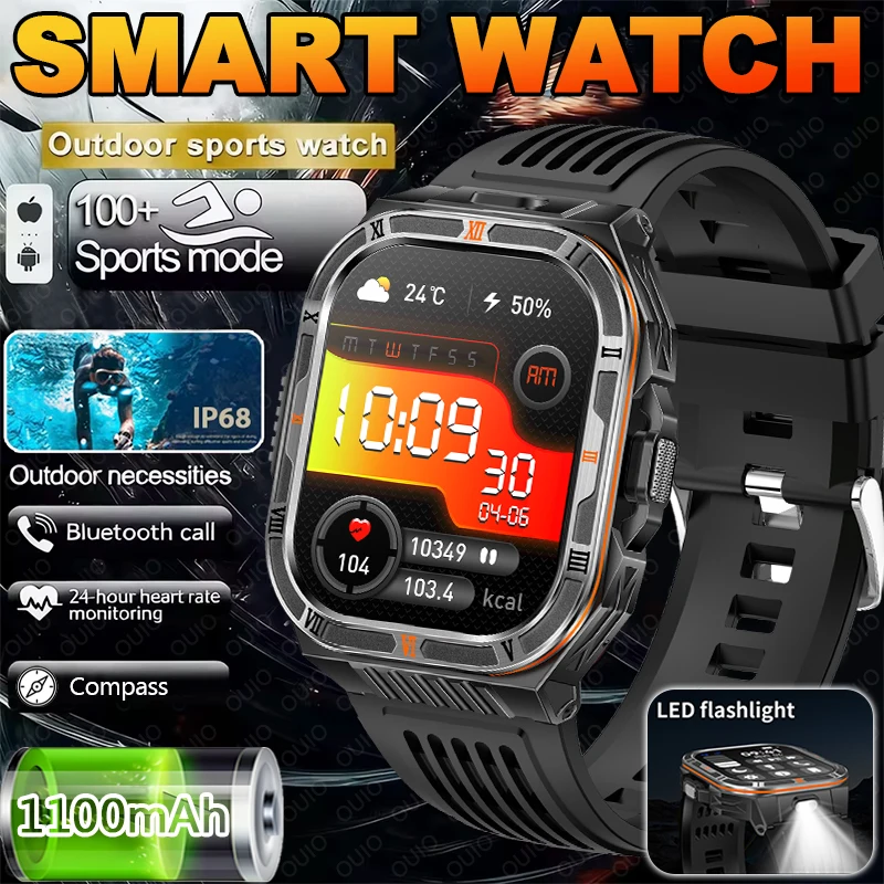 

New Smart Watch 2.01" 1100mAh Large Battery LED Flashlight Health Monitor IP68 Waterproof Compass Sports Mode BT Call Smartwatch
