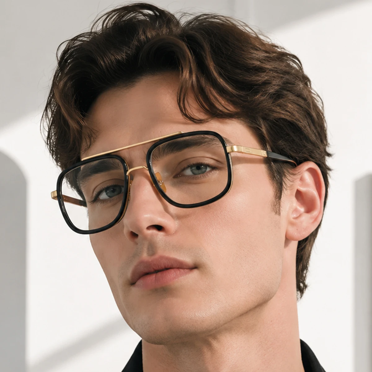 1 Paar Herren-Doppelbrücken-Brillen in Schwarz und Gold, quadratisch, ohne Sehstärke, robust im Retro-Stil, dezent, cool, hochwertige Modebrillen für Herren, geeignet für Geschäftstreffen, Büroarbeit