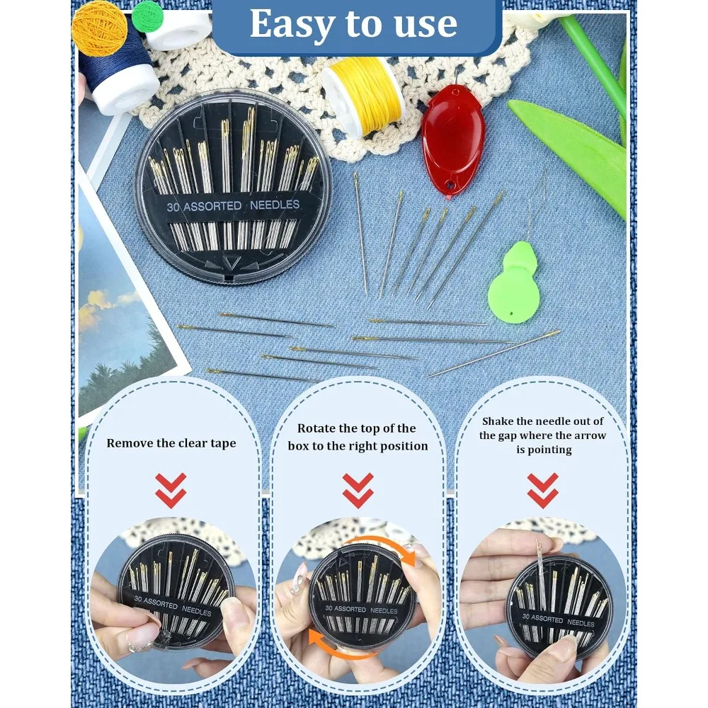 30-Count Steel Hand Sewing Needles Set 6 Sizes Large Eye Embroidery Quilting Needles Kit with Threaders for Craft Art Projects view 4