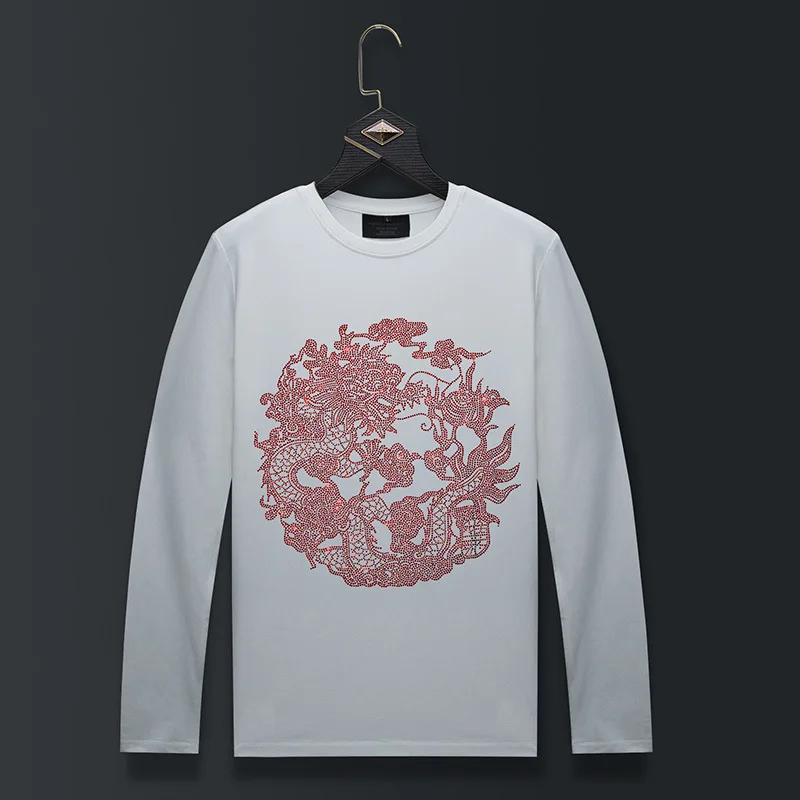 Plus Size O Neck Long Sleeve T Shirts Men Top Fashion Streetwear Red Dragon Rhinestones Mercerized Cotton Tshirts Mens Clothing