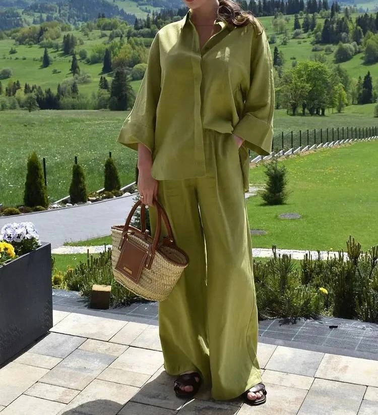 

2024, женские однотонные комплекты брюк, повседневная блузка, рубашки с длинными рукавами, брюки с эластичной резинкой на талии, женская модная уличная одежда, наряд