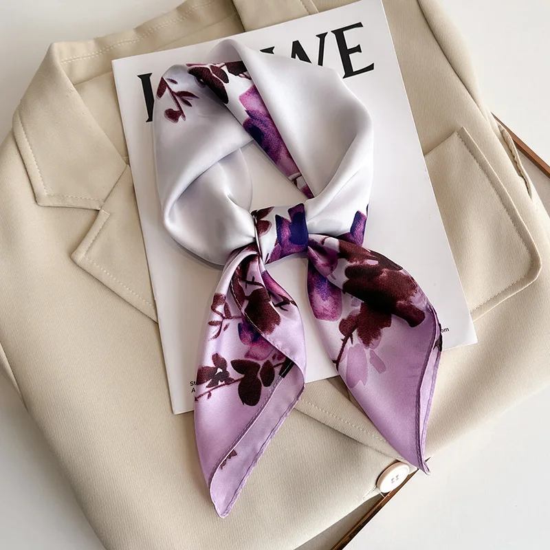 

68cm Purple Rose Printed Scarf Women' New Spring Summer Imitation Silk Scarf High-end Versatile Shawl Sun Protection Headscarf