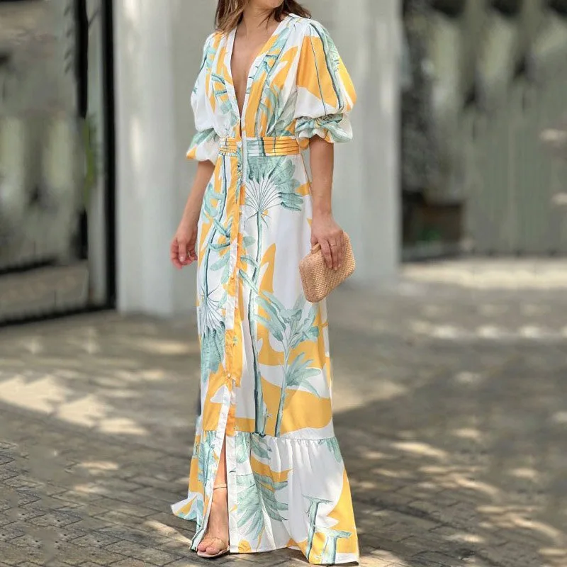 

Neck Nipped Waist Slim Single Row Button Beach Party Dresses Wefads Women Maxi Dress Summer Stylish Print Short Puff Sleeve V