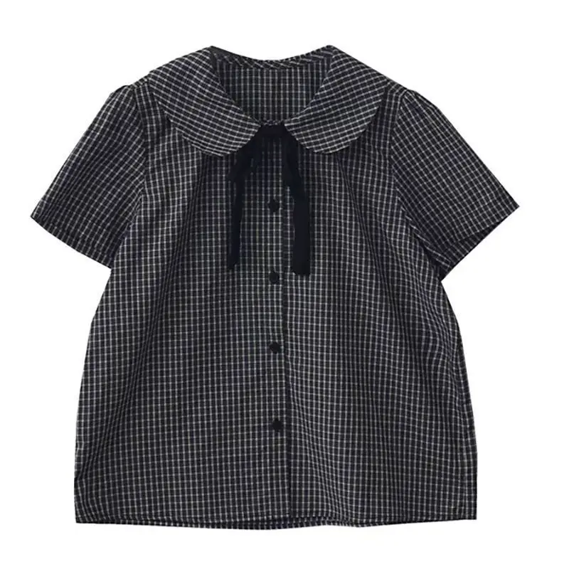 

plus Size Women's irt Spring Summer Plaid Doll Collar ort Sve Knot Outerwear Regular Fit Commute Sle