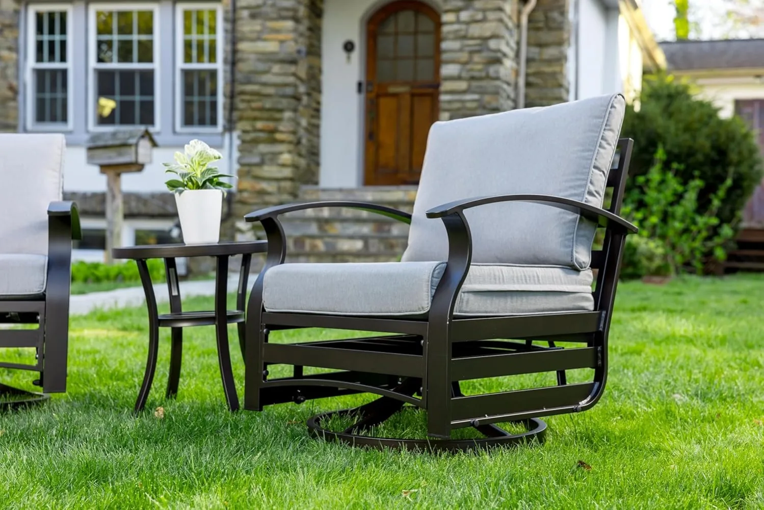 Gotland 3 Piece Patio Outdoor Aluminum Metal Swivel Rocking Chair Outdoor Metal Swivel Rocking Chair Furniture Conversation Set