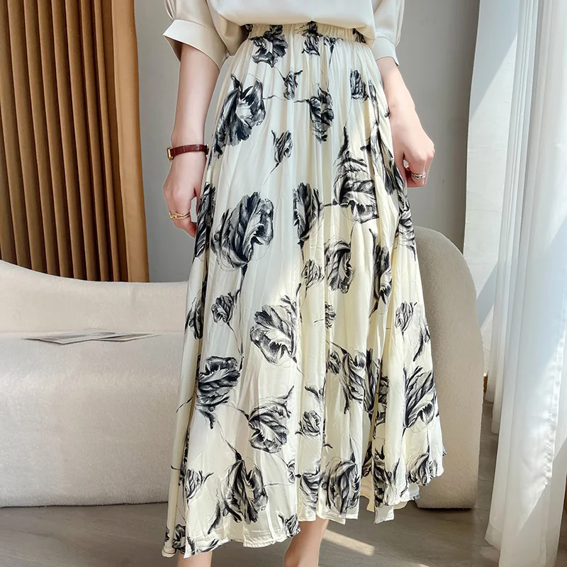 

Spring and summer new A-line skirt women's high waist print slim hip temperament Joker long umbrella