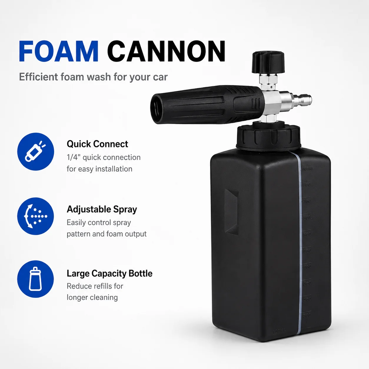 80° Adjustable High Pressure Foam Cannon, Metal & ABS Construction, 1/4