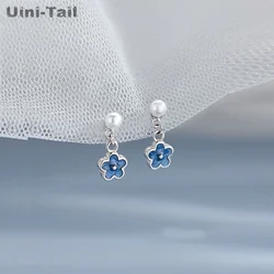 Uini-Tail Hot Selling New 925 Tibetan Silver Blue Flower Pearl Stud Earrings Simple Fashion Sweet Trend Exquisite High Quality