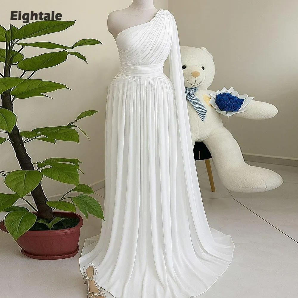 

Eightale Arabic Evening Dresses for Wedding Party Chiffon One Shoulder Pleats Customized Cap Sleeves A-Line Prom Party Gowns