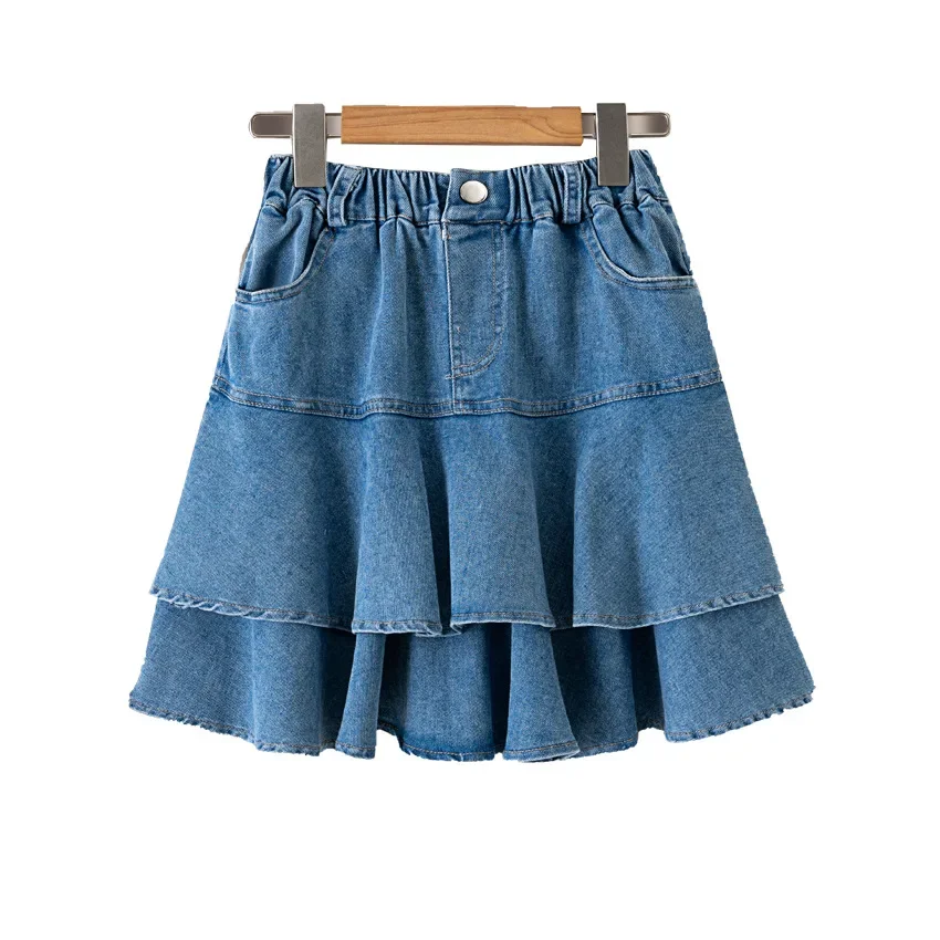 

Girls Denim Skirt Summer Korean Style Ruffled Tiered Skirt for Kids Cotton All-match 4-12 Years Teen School Children Short Skirt