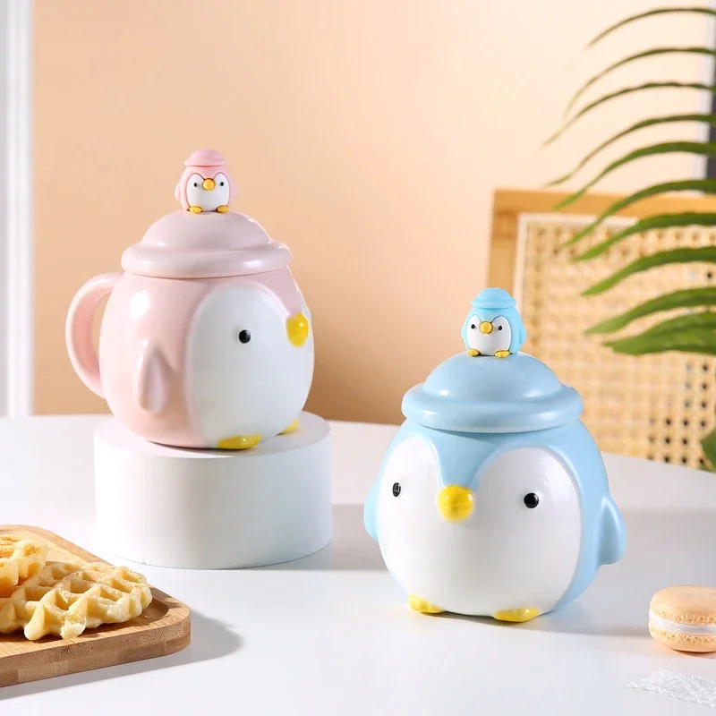 Ceramic Penguin Cartoon Cup Couple Mugs with Lid Coffee Milk Cute Water Cup Birthday Gift Universal Use Breakage Proof Packaging