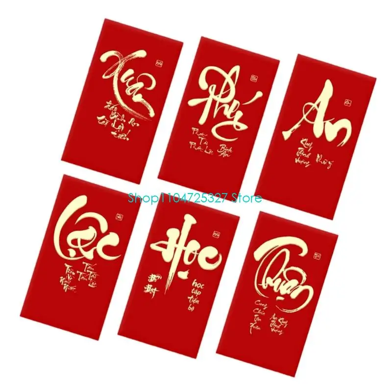 D8KF Pack of 6 2026 Horse Year Gold Frosted Red Envelopes Vietnamese Text Design