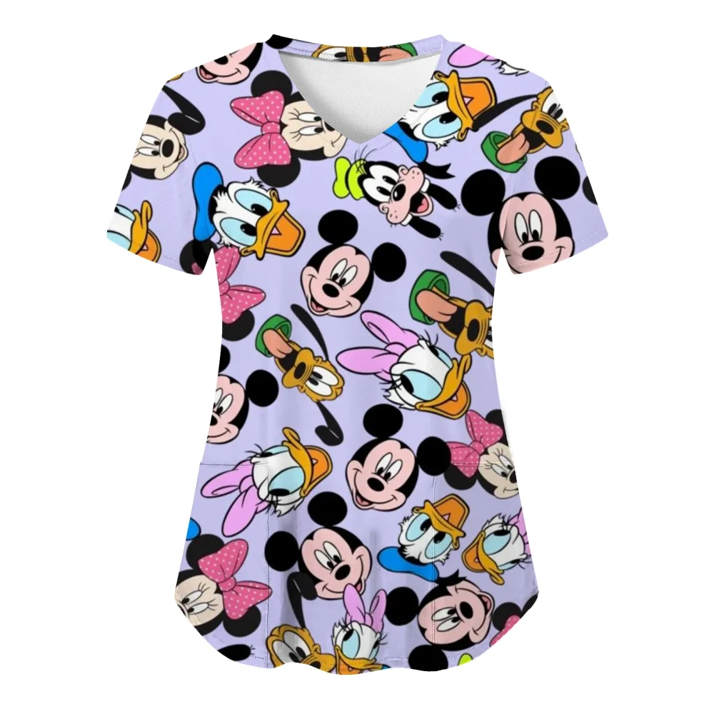 T-shirt d\'uniforme d\'infirmière d\'hôpital pour femmes, haut Disney Minnie Mouse, vêtements à col en V avec poches, t-shirts pour