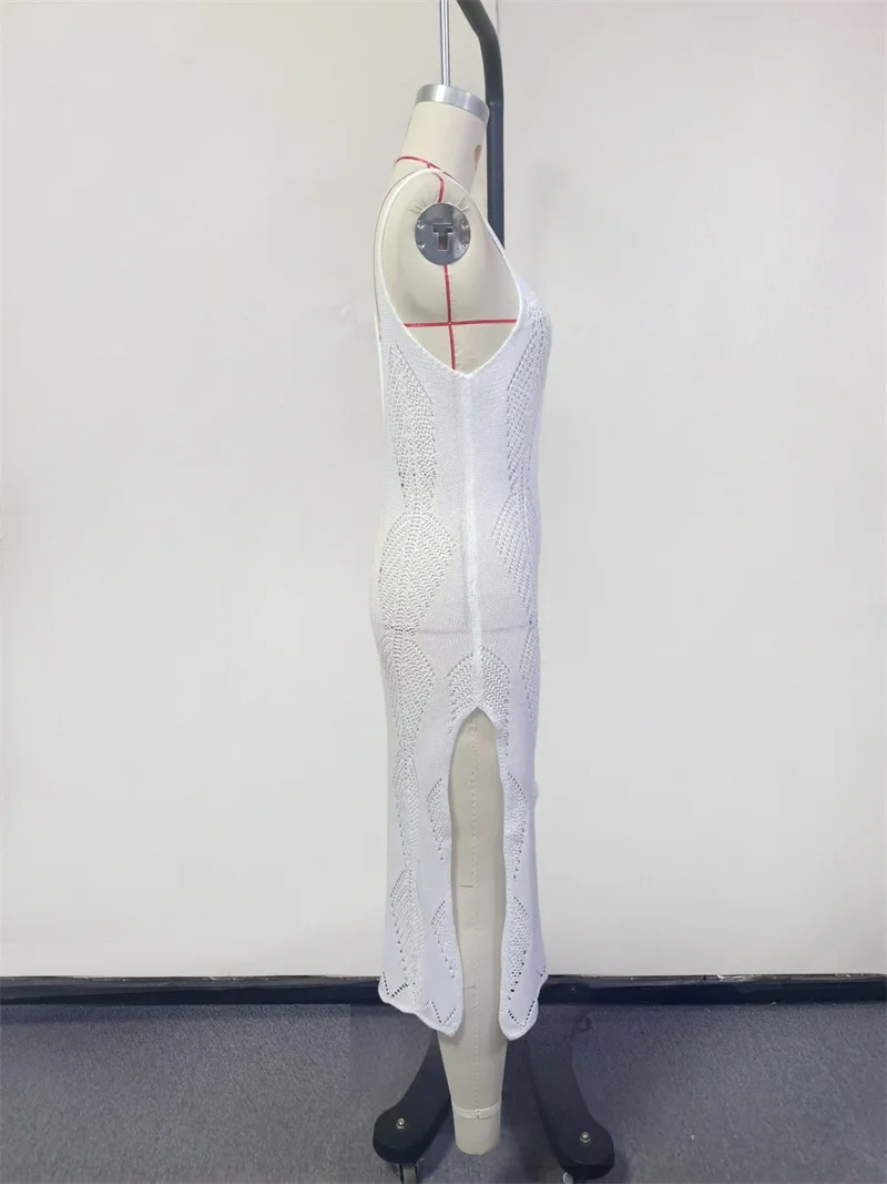 المرأة عارية الذراعين Bodycon فستان منسوج الجانب الشق الجوف خارج حزام شير الكروشيه ملابس الشاطئ الإناث بيكيني التستر فستان