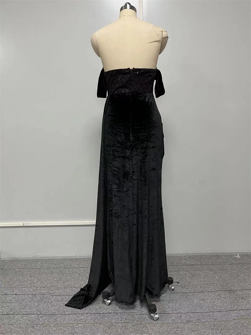 Lace Off The Shoulder Women Prom Dress Split Tube Top Fishtail Skirt Unique Short Black Sleveeless Evening Dress Newest In Stock