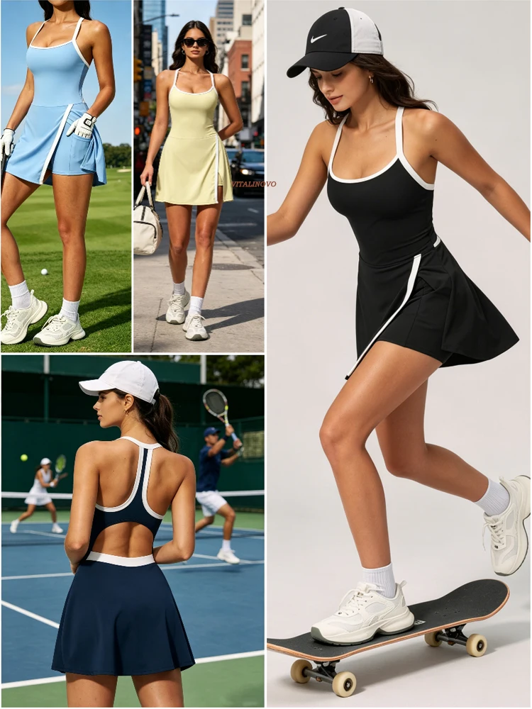 VITALINOVO Tenniskleid mit Eingebauten Shorts und BH Sportkleid für Damen Sommer Cut-Out Golf-Workout-Kleid mit Seitenschlitz – Detail 10