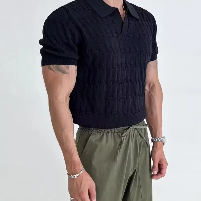 Summer Short Sleeve T-Shirt Sexy V-Neck Knitted Men's Polo Shirt Slim Fit Lapel Knitted Short