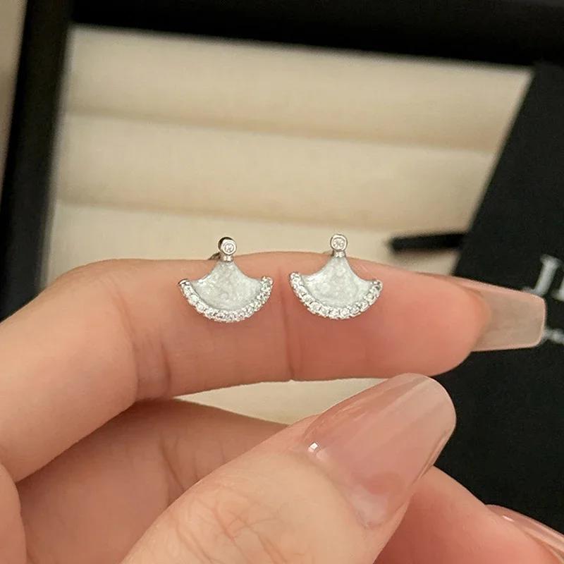 S999 Sterling Silver Needle Shining Zircon Enamel Geometric Stud Earrings for Women Elegant Fashion Jewelry Party Accessories