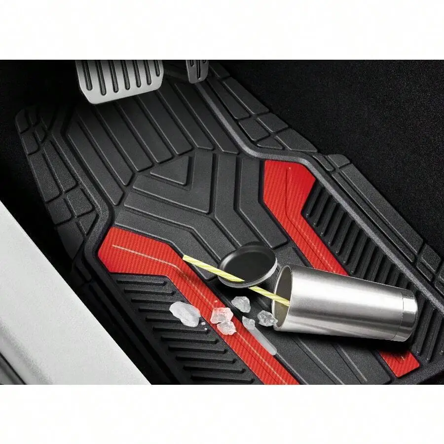 4 Piece Universal Rubber Floor Mats Set Red Trim All Weather Anti-Slip Easy Clean