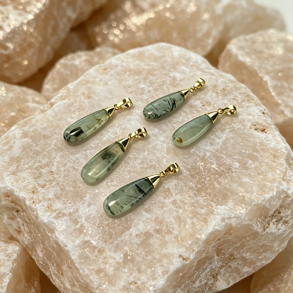 1PC Teardrop Prehnite Pendant Natural Gemstone Necklace Charm Women Fashion Jewelry Gold Plated P2D1022