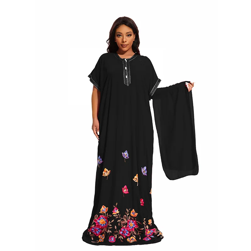 Abayas For Women 100% Cotton O-neck Jilbab Summer Short Sleeves African Plus Size Loose Femme Kaftan Robe With HeadscarfMoroccan